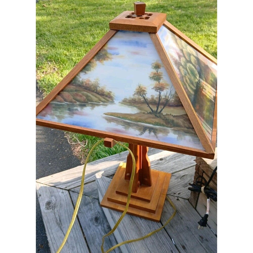 Vintage Dale Tiffany Wood Table Lamp Reverse Printed Scenic Landscape Mission